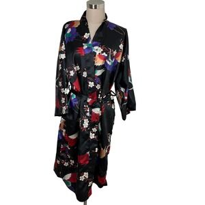 ICHIBAN Black Satin Crane Blossom Robe Kimono Jacket Size 42 XL Made in Japan